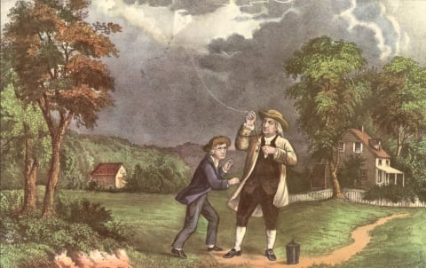 A 19th-century illustration of Franklin's lightning experiment.