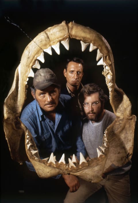 Richard Dreyfuss, Robert Shaw, and Roy Scheider on the set of "Jaws" (1975).