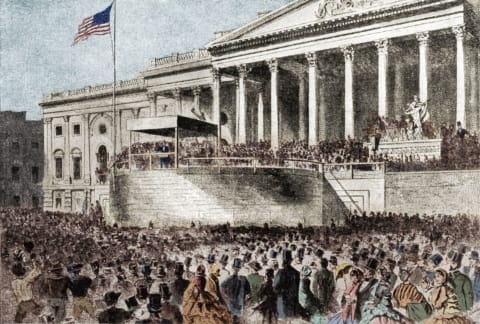 An illustration of Abraham Lincoln's first inaugural address in 1861.