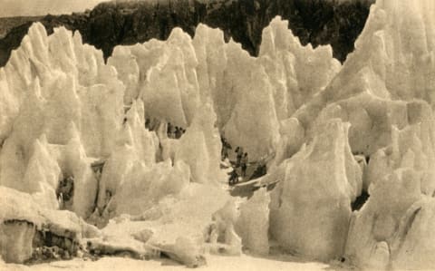 Members on the 1922 expedition passing through the East Rongbuk Glacier above Camp II.