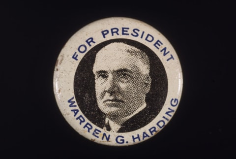 A completely normal Warren G. Harding campaign button.