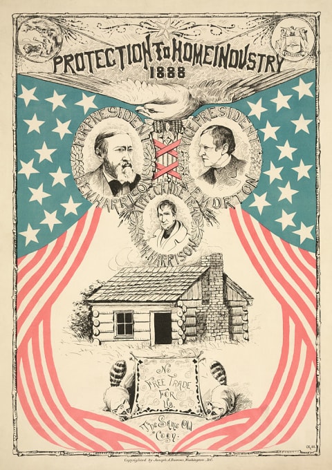 A Benjamin Harrison campaign poster featured a portrait of his grandfather (and raccoons).