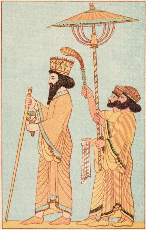 Darius I followed by attendants in a 19th-century illustration.