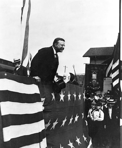 President Theodore Roosevelt speaking to onlookers in Vermont.