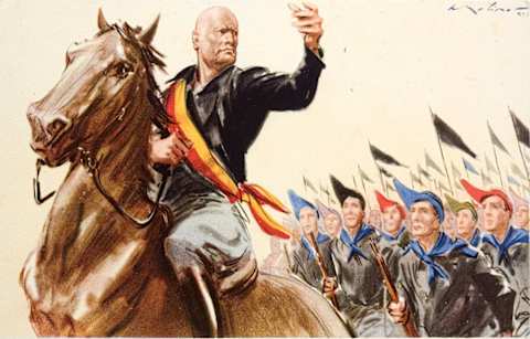 An illustration of Benito Mussolini leading Fascist blackshirts.