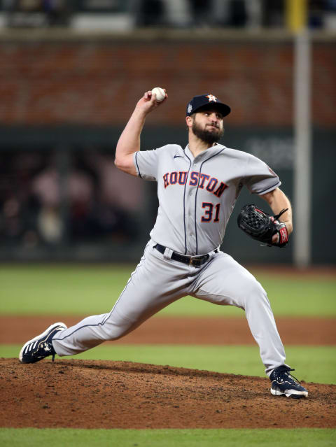 Oct 31, 2021; Atlanta, Georgia, USA; Houston Astros relief pitcher Kendall Graveman (31) throws