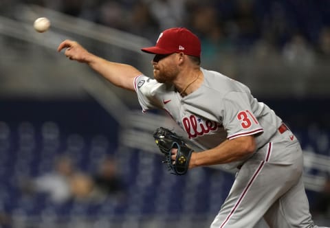 Oct 1, 2021; Miami, Florida, USA; Philadelphia Phillies relief pitcher Ian Kennedy (31) delivers a