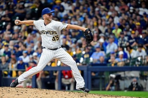 Oct 9, 2021; Milwaukee, Wisconsin, USA; Milwaukee Brewers relief pitcher Brad Boxberger (45) pitches