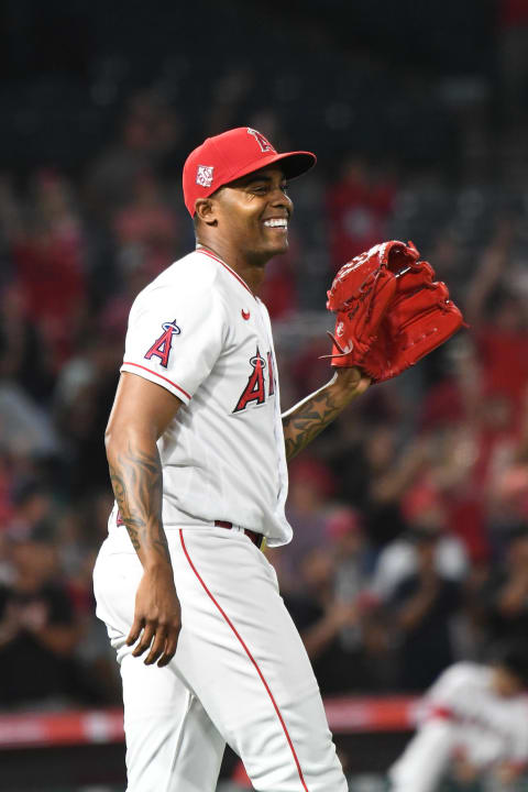 Jul 28, 2021; Anaheim, California, USA; Los Angeles Angels relief pitcher Raisel Iglesias (32)