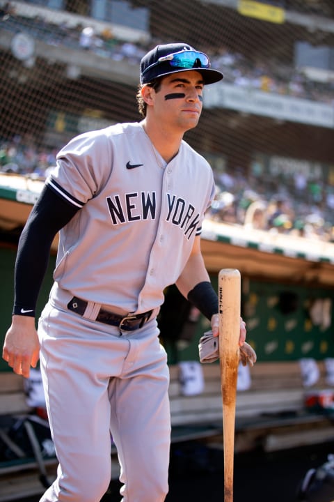 Aug 29, 2021; Oakland, California, USA; New York Yankees shortstop Tyler Wade (14) prepares for a