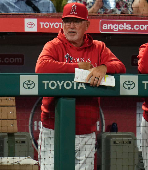 Sep 25, 2021; Anaheim, California, USA; Los Angeles Angels manager Joe Maddon looks on during the