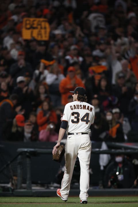 Oct 9, 2021; San Francisco, California, USA; San Francisco Giants pitcher Kevin Gausman (34) walks