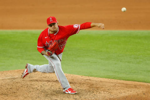 Sep 29, 2021; Arlington, Texas, USA; Los Angeles Angels relief pitcher Jose Quijada (65) throws a