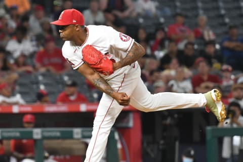 Jul 28, 2021; Anaheim, California, USA; Los Angeles Angels relief pitcher Raisel Iglesias (32)