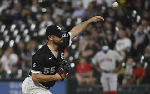 Sep 10, 2021; Chicago, Illinois, USA;  Chicago White Sox starting pitcher Carlos Rodon (55) delivers