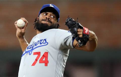 Oct 16, 2021; Cumberland, Georgia, USA; Los Angeles Dodgers relief pitcher Kenley Jansen (74) throws