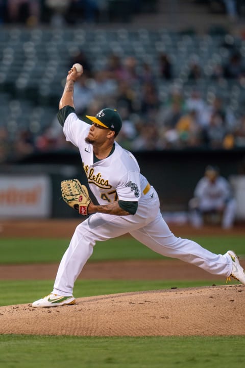 Sep 24, 2021; Oakland, California, USA;  Oakland Athletics starting pitcher Frankie Montas (47)