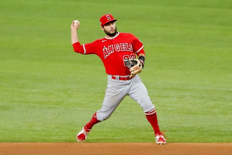 Sep 29, 2021; Arlington, Texas, USA; Los Angeles Angels second baseman David Fletcher (22) fields a