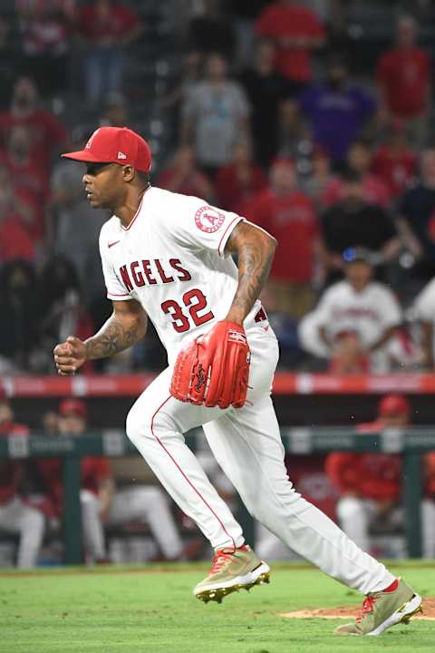 Jul 28, 2021; Anaheim, California, USA; Los Angeles Angels relief pitcher Raisel Iglesias (32) moves