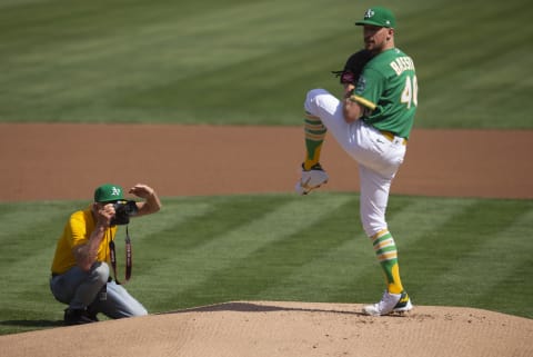 Sep 23, 2021; Oakland, California, USA; Oakland Athletics starting pitcher Chris Bassitt (40) warms