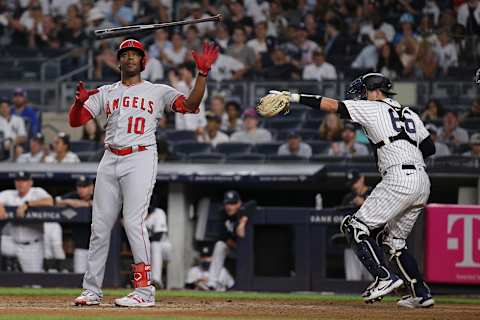 Aug 16, 2021; Bronx, New York, USA; Los Angeles Angels left fielder Justin Upton (10) and New York