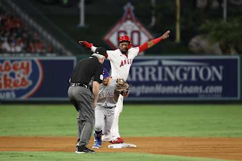 Sep 4, 2021; Anaheim, California, USA; Los Angeles Angels right fielder Jo Adell (7) reacts after