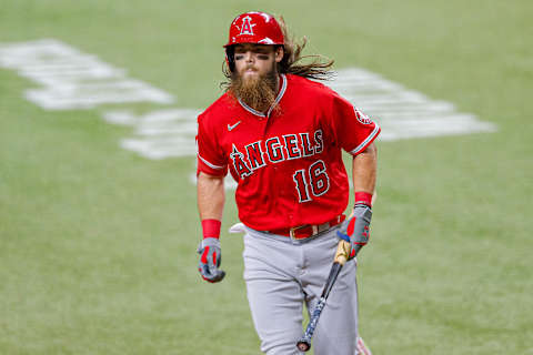 Sep 29, 2021; Arlington, Texas, USA; Los Angeles Angels center fielder Brandon Marsh (16) hits a