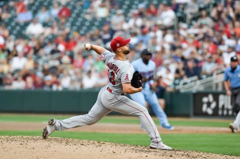 Jul 24, 2021; Minneapolis, Minnesota, USA; Los Angeles Angels starting pitcher Patrick Sandoval (43)