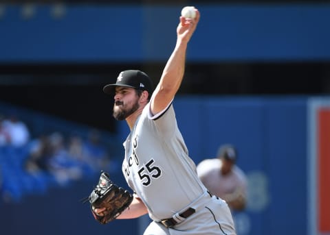 Aug 26, 2021; Toronto, Ontario, CAN; Chicago White Sox starting pitcher Carlos Rodon (55) has been linked to the LA Angels this offseason.