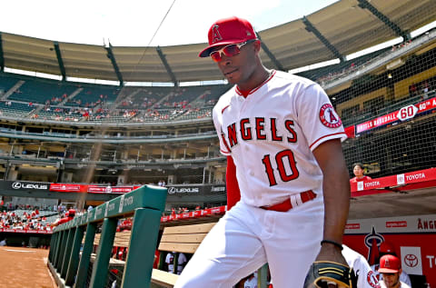 Aug 15, 2021; Anaheim, California, USA; Justin Upton, LA Angels