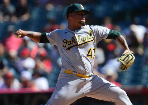 Sep 19, 2021; Anaheim, California, USA; Oakland Athletics starting pitcher Frankie Montas (47)