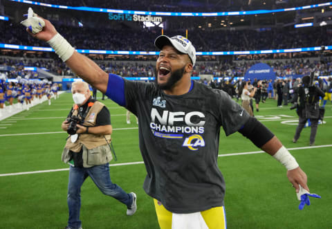 Jan 30, 2022; Inglewood, California, USA; Los Angeles Rams defensive end Aaron Donald celebrates