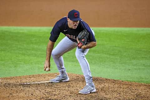 Oct 1, 2021; Arlington, Texas, USA;  Cleveland Indians relief pitcher Blake Parker (53) could be looked at by the LA Angels.