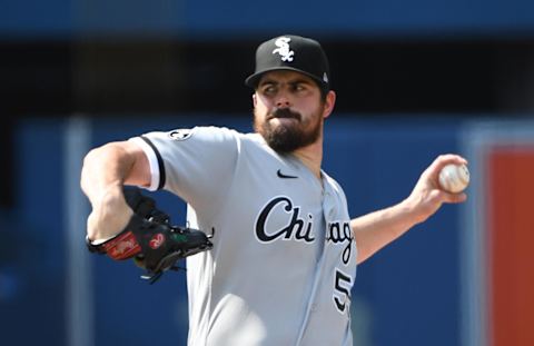 Aug 26, 2021; Toronto, Ontario, CAN; Chicago White Sox starting pitcher Carlos Rodon (55) is a rumored target for the LA Angels.