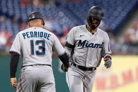 Sep 8, 2022; Philadelphia, Pennsylvania, USA; Miami Marlins first baseman Lewin Diaz (34) shakes