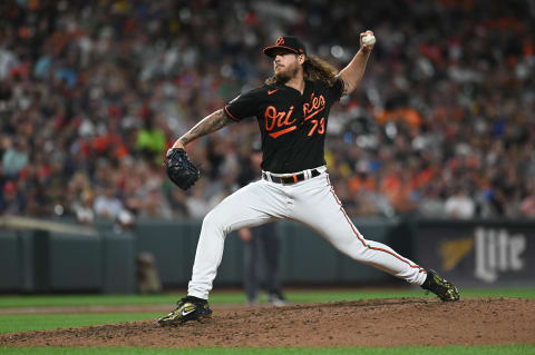 Aug 19, 2022; Baltimore, Maryland, USA;  Baltimore Orioles pitcher Nick Vespi (73) throws a fifth inning pitch against the Boston Red Sox