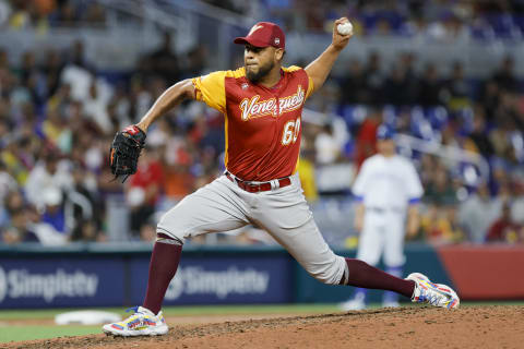 Mar 15, 2023; Miami, Florida, USA; Venezuela relief pitcher Darwinzon Hernandez (60) delivers a pitch against Israel in the World Baseball Classic