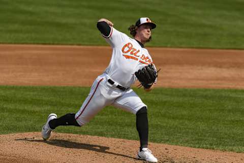 Sep 12, 2021; Baltimore, Maryland, USA;  Baltimore Orioles pitcher Mike Baumann (53) throws the ball in a game in September of 2021