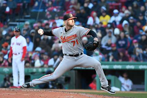 Mar 30, 2023; Boston, Massachusetts, USA; Baltimore Orioles relief pitcher Logan Gillaspie (71) throws a pitch against the Boston Red Sox