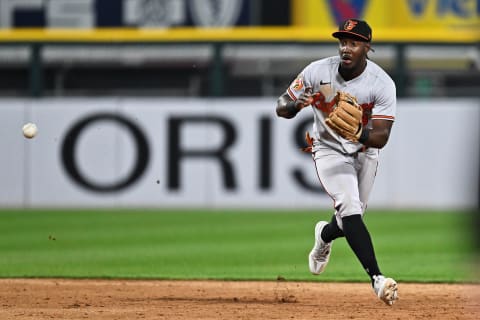 Apr 14, 2023; Chicago, Illinois, USA;  Baltimore Orioles infielder Jorge Mateo (3) fields a ground ball against the Chicago White Sox in April 2023