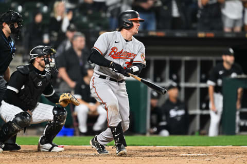 Apr 14, 2023; Chicago, Illinois, USA;  Baltimore Orioles catcher Adley Rutschman (35) bats against the Chicago White Sox in April of 2023