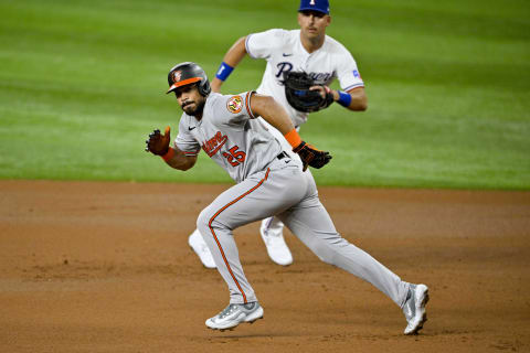 Apr 4, 2023; Arlington, Texas, USA; Baltimore Orioles designated hitter Anthony Santander (25) runs the bases against the Texas Rangers in April 2023