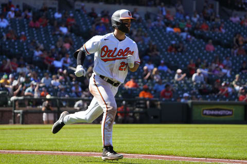 Apr 13, 2023; Baltimore, Maryland, USA; Baltimore Orioles right fielder Terrin Vavra (23) runs out a hit at home in April of 2023