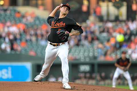 Apr 21, 2023; Baltimore, Maryland, USA;  Baltimore Orioles starting pitcher Tyler Wells (68) throws a pitch against the Detroit Tigers in April 2023