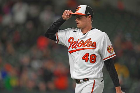 Apr 10, 2023; Baltimore, Maryland, USA; Baltimore Orioles pitcher Kyle Gibson (48) gestures after pitching against the Oakland Athletics in April 2023