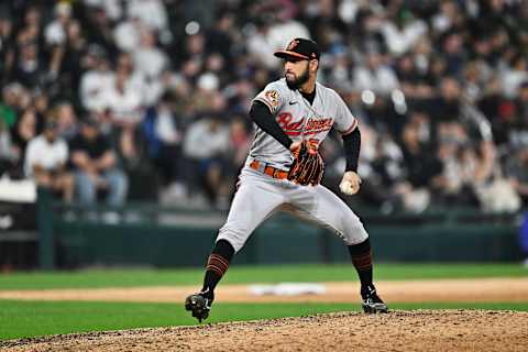 Apr 14, 2023; Chicago, Illinois, USA;  Baltimore Orioles pitcher Cionel Perez (58) pitches against the Chicago White Sox in April of 2023