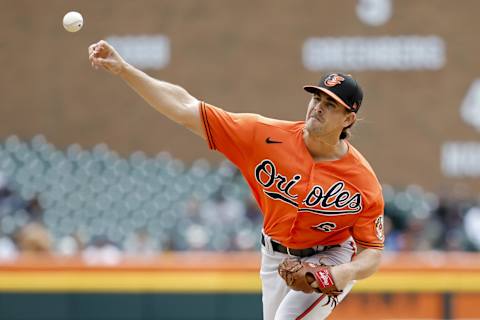 Apr 29, 2023; Detroit, Michigan, USA; Baltimore Orioles starting pitcher Dean Kremer (64) pitches against the Detroit Tigers in April of 2023