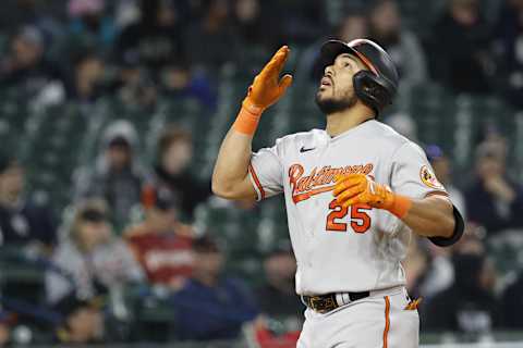 Apr 27, 2023; Detroit, Michigan, USA; Baltimore Orioles right fielder Anthony Santander (25) celebrates after hitting a home run against the Tigers