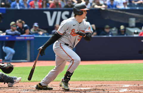 May 21, 2023; Toronto, Ontario, CAN;  Baltimore Orioles designated hitter Adley Rutschman (35) gets a hit against the Toronto Blue Jays