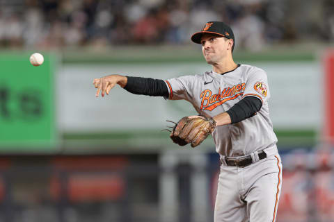 May 24, 2023; Bronx, New York, USA; Baltimore Orioles second baseman Adam Frazier (12) throws the ball to first base against the New York Yankees